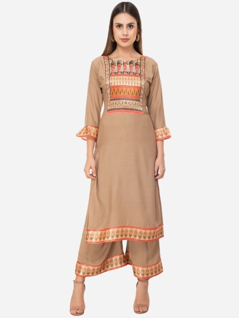 

DesiNoor com Women Beige Ethnic Motifs Printed Kurta with Palazzos & With Dupatta