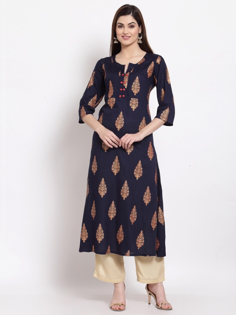 

Altiven Women Navy Blue Ethnic Motifs Cotton A-Line Midi Dress