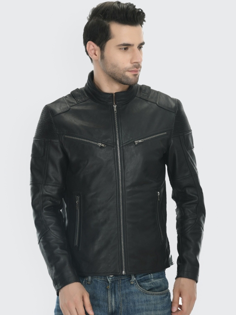 

Pactorn Men Black Striped Lightweight Crop Outdoor Biker Jacket with Patchwork