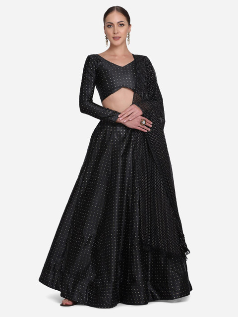 

Warthy Ent Black Printed Foil Print Semi-Stitched Lehenga & Unstitched Blouse With Dupatta