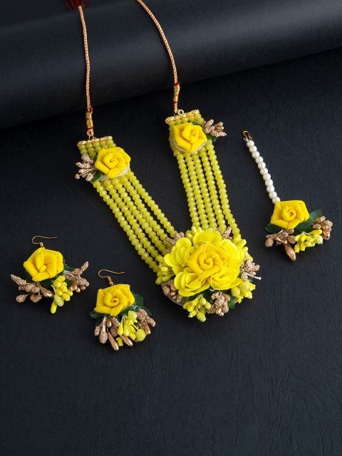 

Golden Peacock Yellow Beaded Haldi Ceremony Floral Jewellery Set