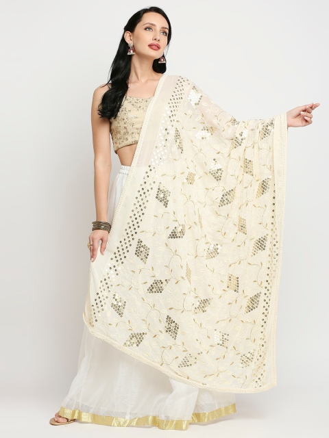 

Dupatta Bazaar Cream-Coloured Ethnic Motifs Embroidered Dupatta with Sequinned