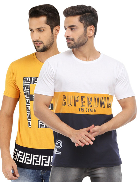 

V-Mart Men Set Of 2 White & Yellow Typography Printed Slim Fit T-shirt