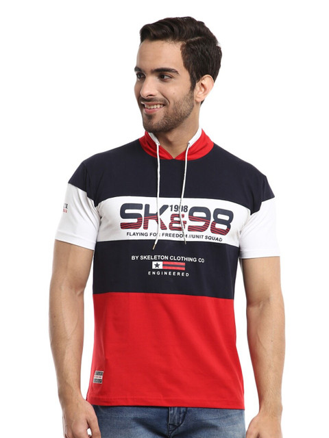 

V-Mart Men Navy Blue Typography Striped Polo Collar Applique T-shirt