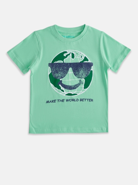 

Pantaloons Junior Boys Mint Green & Navy Blue Printed Cotton T-shirt