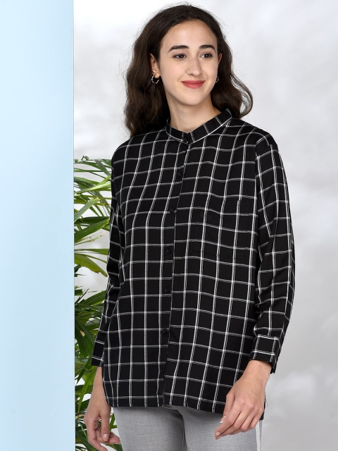

CHIMPAAANZEE Women Black Boxy Windowpane Checks Checked Casual Shirt