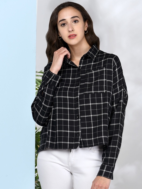 

CHIMPAAANZEE Women Black Boxy Windowpane Checks Checked Casual Shirt