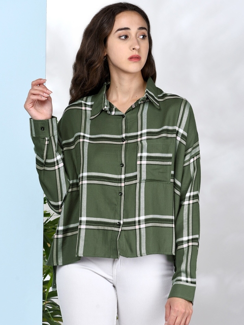 

CHIMPAAANZEE Women Green Boxy Tartan Checks Checked Casual Shirt