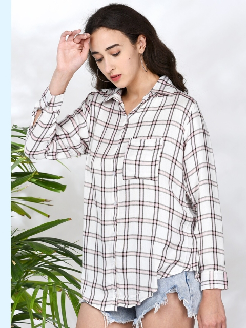 

CHIMPAAANZEE Women White Boxy Tartan Checks Checked Casual Shirt