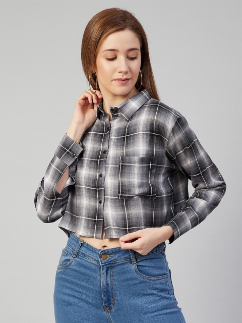 

CHIMPAAANZEE Women Grey & White Boxy Checked Casual Shirt