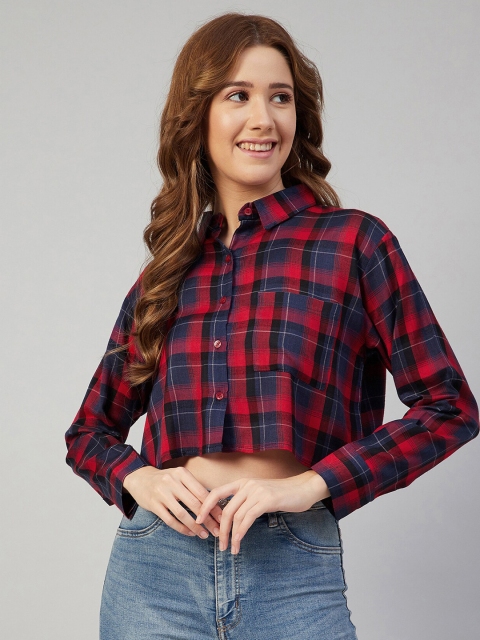 

CHIMPAAANZEE Women Navy Blue Boxy Tartan Checks Checked Casual Shirt