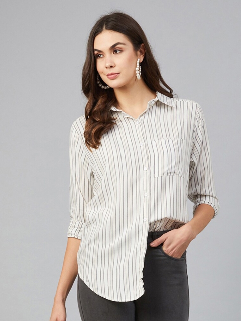 

CHIMPAAANZEE Women White Boxy Striped Casual Shirt