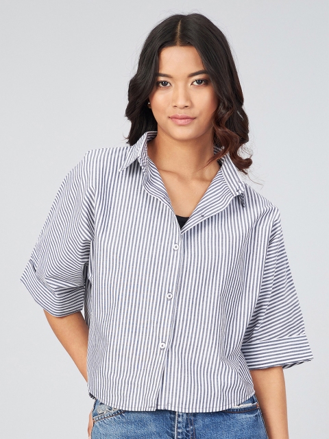 

CHIMPAAANZEE Women Black and White Boxy Striped Casual Shirt