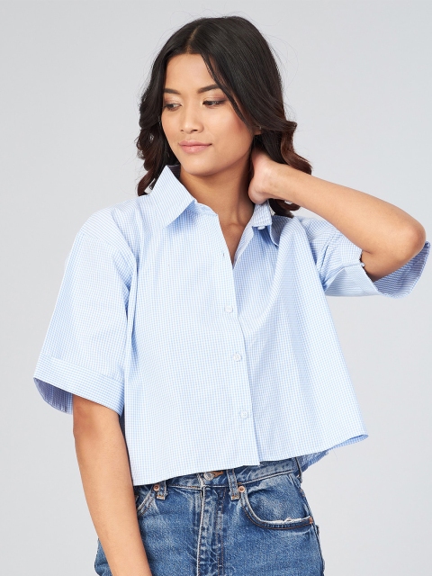 

CHIMPAAANZEE Women Blue Boxy Micro Checks Checked Casual Shirt