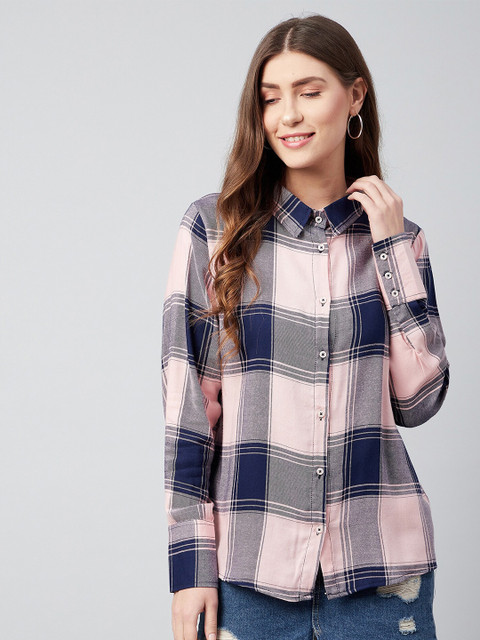 

CHIMPAAANZEE Women Pink & Navy Blue Boxy Checked Casual Shirt