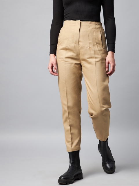 

Orchid Blues Women Beige Tapered Fit High-Rise Cotton Trousers