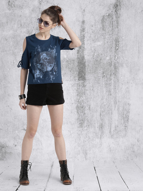 

Roadster Women Teal Blue Printed Cold-Shoulder Top