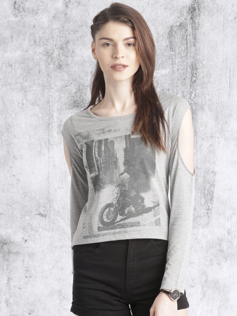 

Roadster Women Grey Melange Printed Round Neck T-shirt