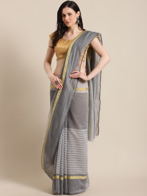 

KALINI Grey & Gold-Toned Striped Pure Cotton Saree