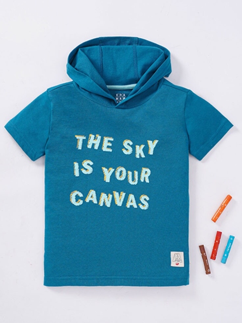 

Ed-a-Mamma Boys Blue Typography Printed Cotton Hooded T-shirt
