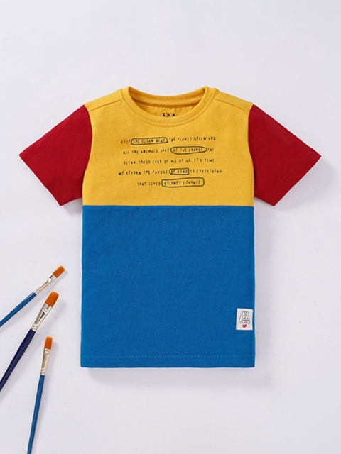 

Ed-a-Mamma Boys Blue & Yellow Colourblocked Pure Cotton Cut And Sew T-shirt