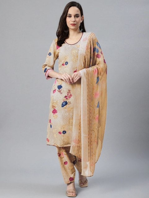 

KALINI Beige & Red Printed Unstitched Dress Material