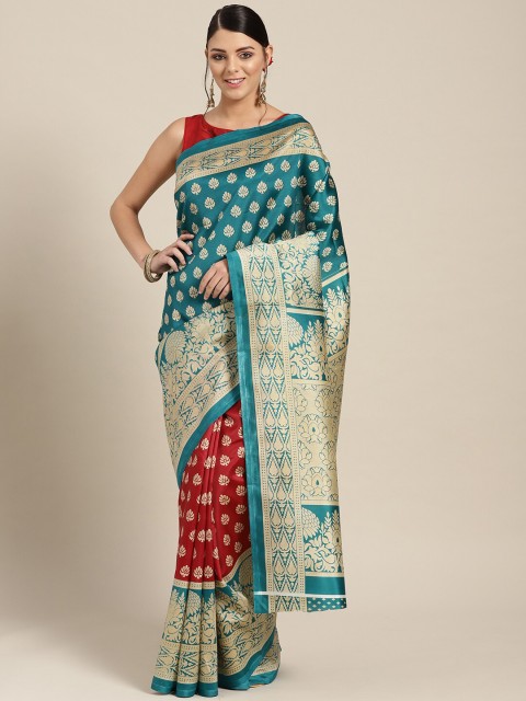 

KALINI Red & Turquoise Blue Woven Design Patola Half and Half Saree