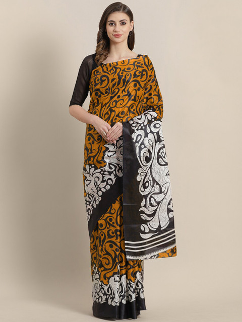 

KALINI Mustard & Black Ethnic Motifs Silk Blend Tussar Saree
