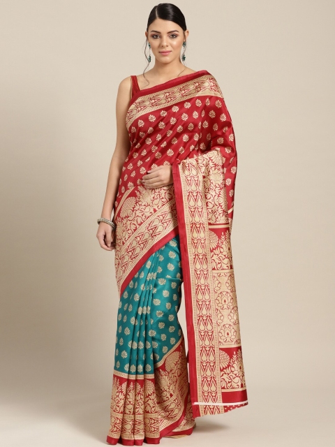 

KALINI Teal & Red Ethnic Motifs Art Silk Half and Half Patola Saree