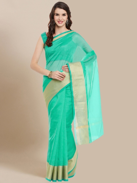 

KALINI Green & Gold-Toned Striped Zari Silk Blend Chanderi Saree
