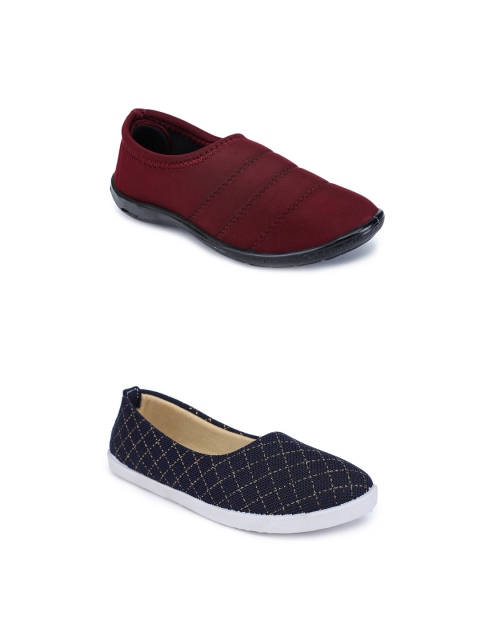 

FABBMATE Women Set of 2 Maroon & Blue Woven Design Slip-On Sneakers