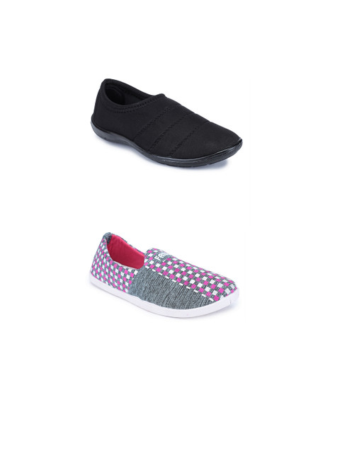 

FABBMATE Women Set Of 2 Black & Pink Woven Design Slip-On Sneakers