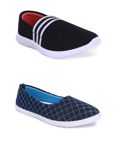 

FABBMATE Women Pack Of 2 Black & Blue Striped Slip-On Sneakers