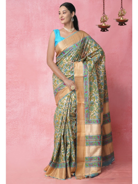 

Unnati Silks Brown & Blue Ethnic Motifs Printed Pure Silk Tussar Saree