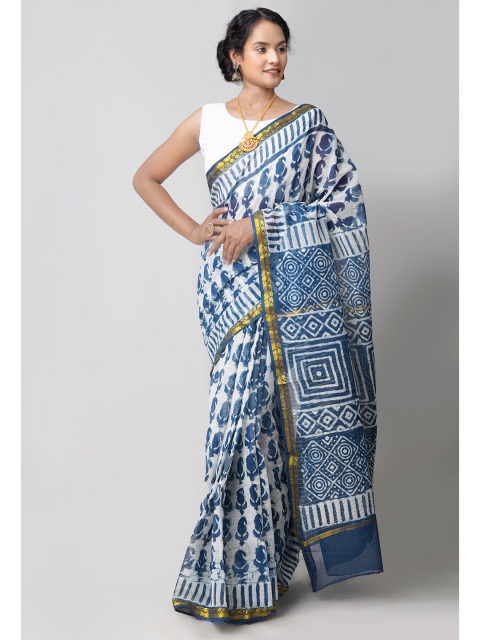 

Unnati Silks White & Blue Ethnic Motifs Printed Pure Cotton Kota Saree