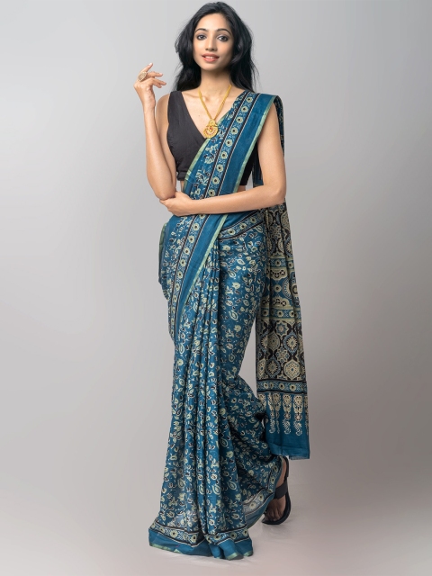 

Unnati Silks Blue & Green Zari Pure Cotton Baluchari Saree