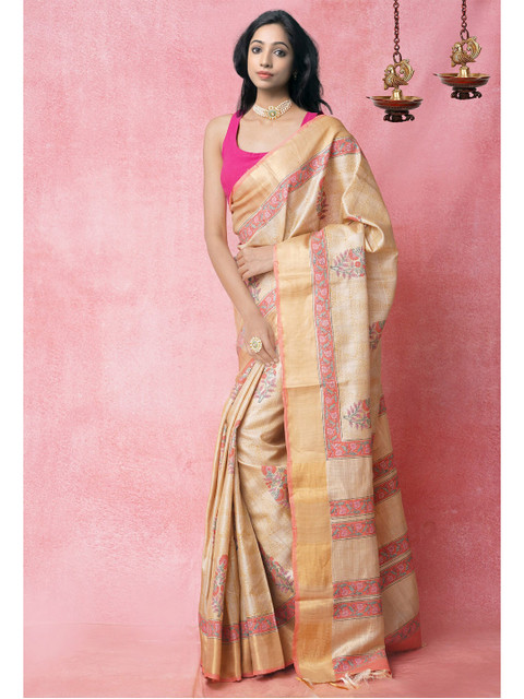

Unnati Silks Brown & Red Ethnic Motifs Zari Pure Silk Tussar Saree