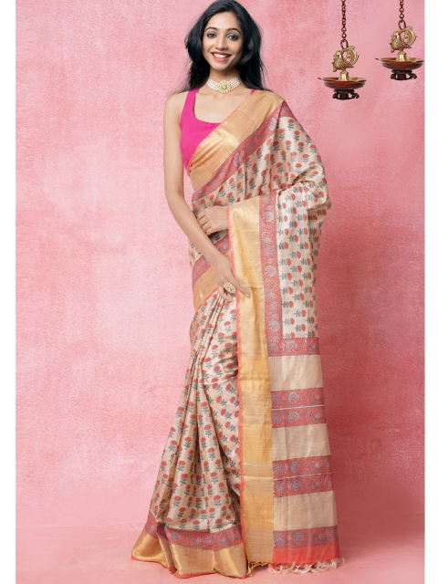 

Unnati Silks Brown & Red Ethnic Motifs Zari Pure Silk Tussar Saree