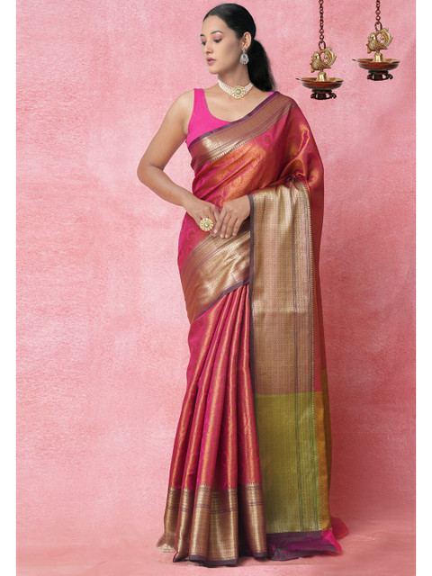 

Unnati Silks Women Pink Woven Design Banarasi Sico Saree