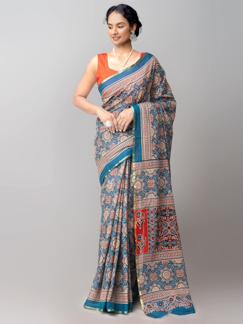 

Unnati Silks Blue & Red Pure Cotton Baluchari Saree