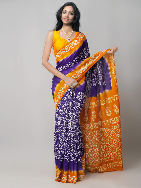 

Unnati Silks Violet & Mustard Batik Pure Cotton Kota Saree