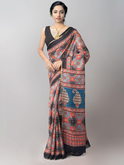 

Unnati Silks Red & Black Ajrak Printed Pure Cotton Baluchari Saree