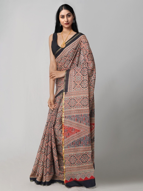 

Unnati Silks Black & Red Zari Pure Cotton Baluchari Saree