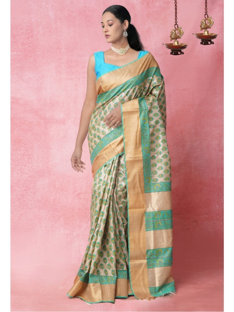 

Unnati Silks Brown & Green Ethnic Motifs Printed Pure Silk Tussar Saree
