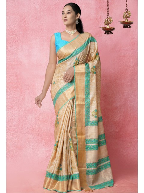 

Unnati Silks Brown & Green Ethnic Motifs Printed Pure Silk Tussar Saree