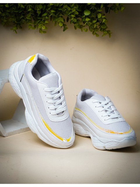 

Sanhose Women White & Yellow Woven Design Sneakers