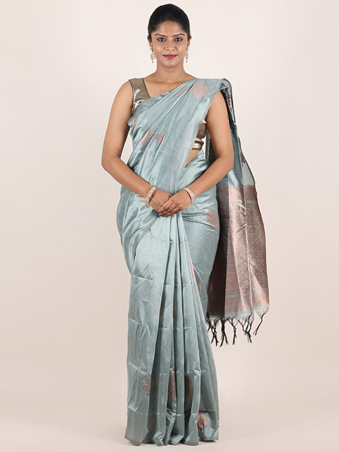 

Pothys Grey & Gold-Toned Floral Zari Jute Silk Saree