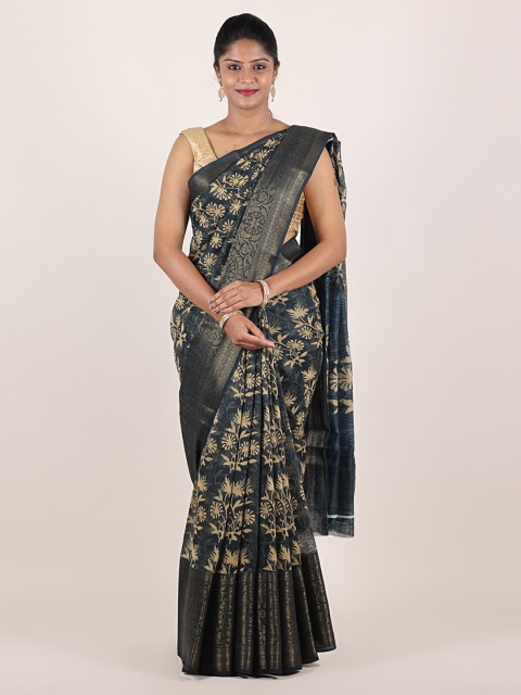 

Pothys Blue & Cream-Coloured Floral Zari Jute Silk Saree