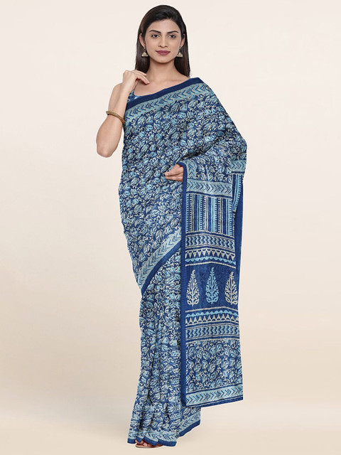

Pothys Blue & Cream-Coloured Floral Printed Saree