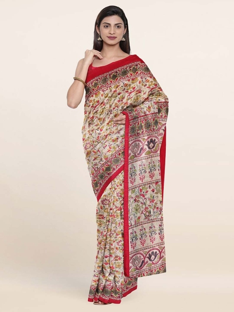

Pothys Orange & Green Floral Zari Cotton Blend Saree